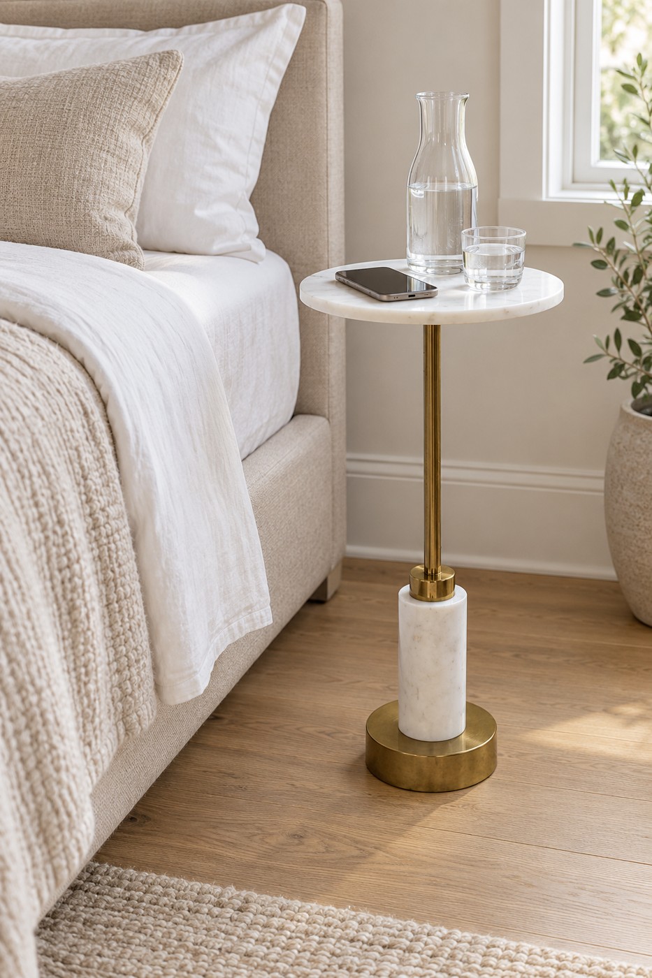 The side table beside a bed